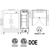 54"W Refrigerator 2 Section 2 Door Stainless Steel Reach-in 42.2 Cu.ft.