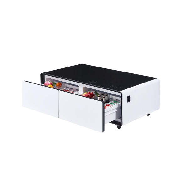 Modern Smart Coffee Table with Built-in Fridge Power Socket White