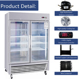 Refrigerator 2 Section 2 Glass Door Stainless Steel Display 42.2 Cu.ft. Reach-in